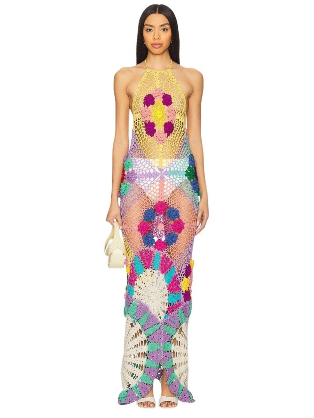Oceanus Rowan Crochet Maxi Dress in Yellow Multi Small Womens Knit Gown